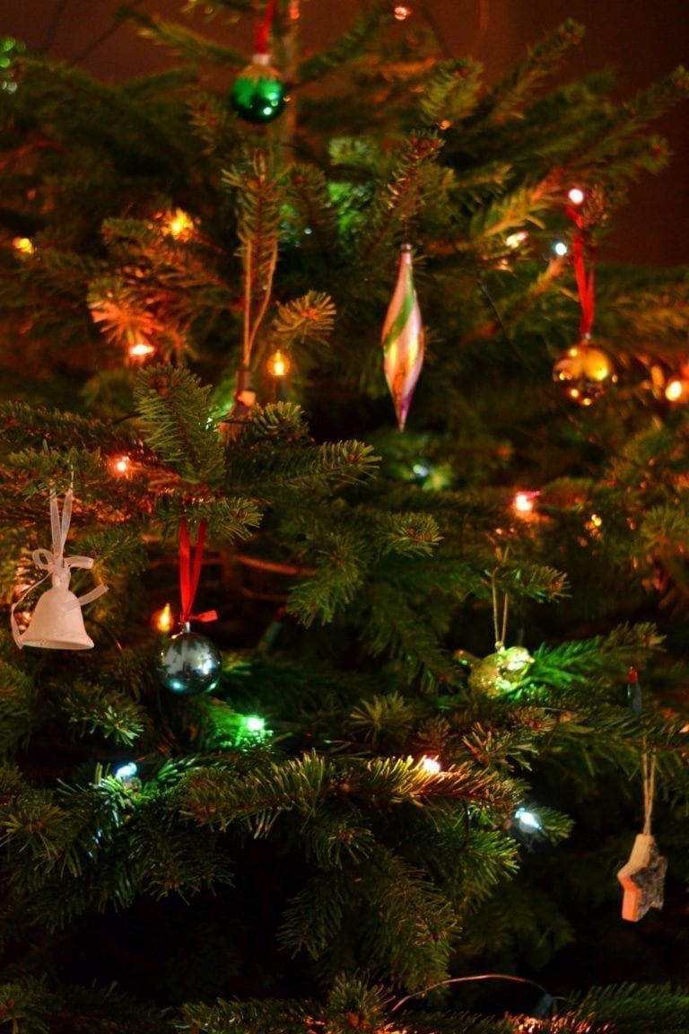close up of christmas tree with baubles