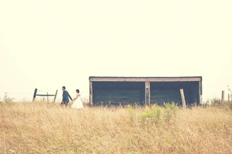 bride and groom in countryside