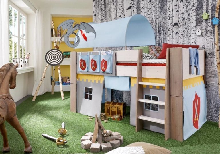 cabin-style children's bed with blue tent-like cover
