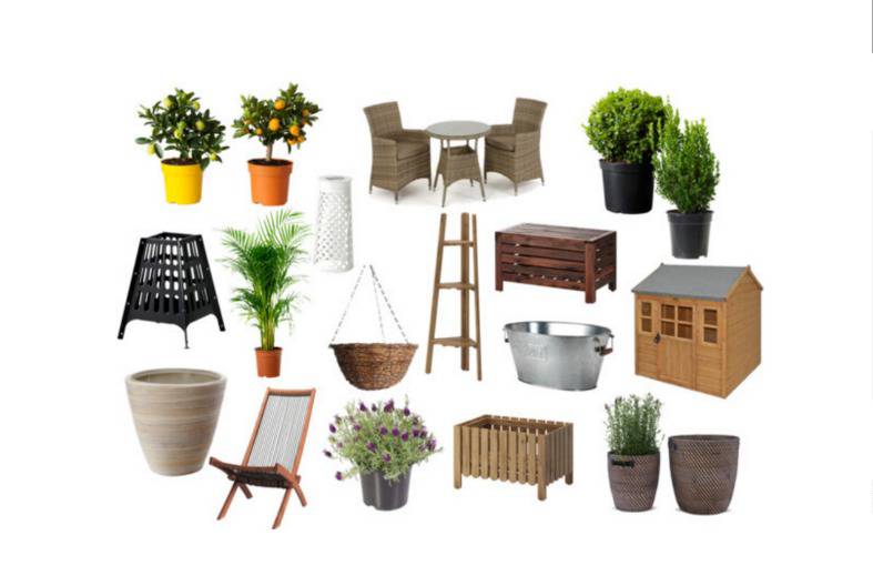image of lots of different garden furniture, plants in pots and garden storage