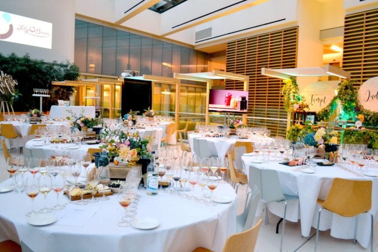 room set up for event with tables