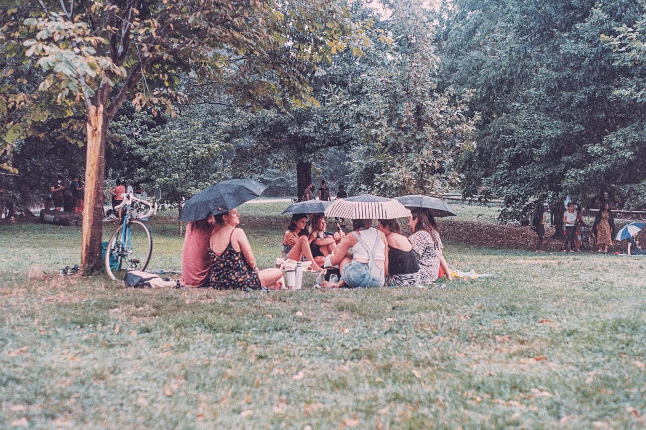 group of people sitting together on grass under umbrellas, and surrounded by trees
