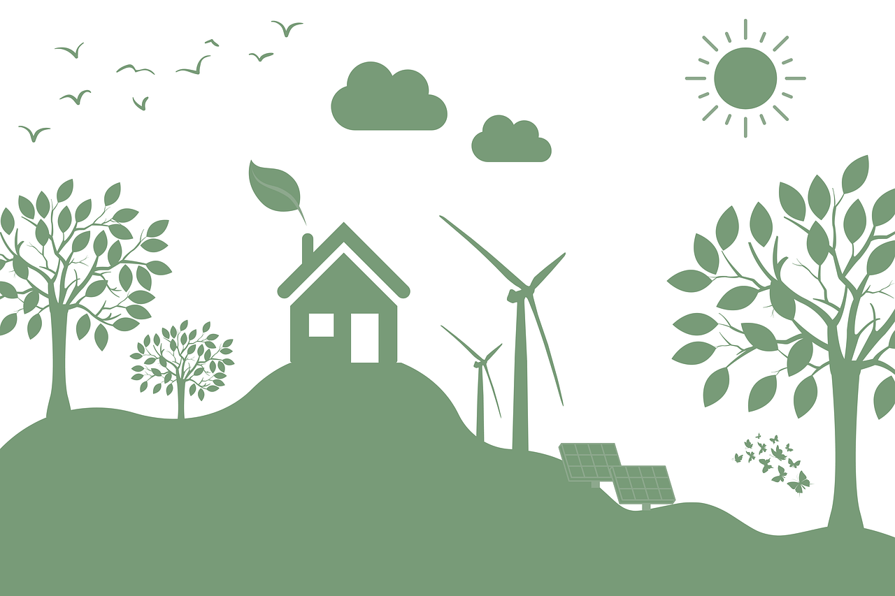green energy-saving cartoon image with house on hill surrounded by trees, wind turbines and solar panels