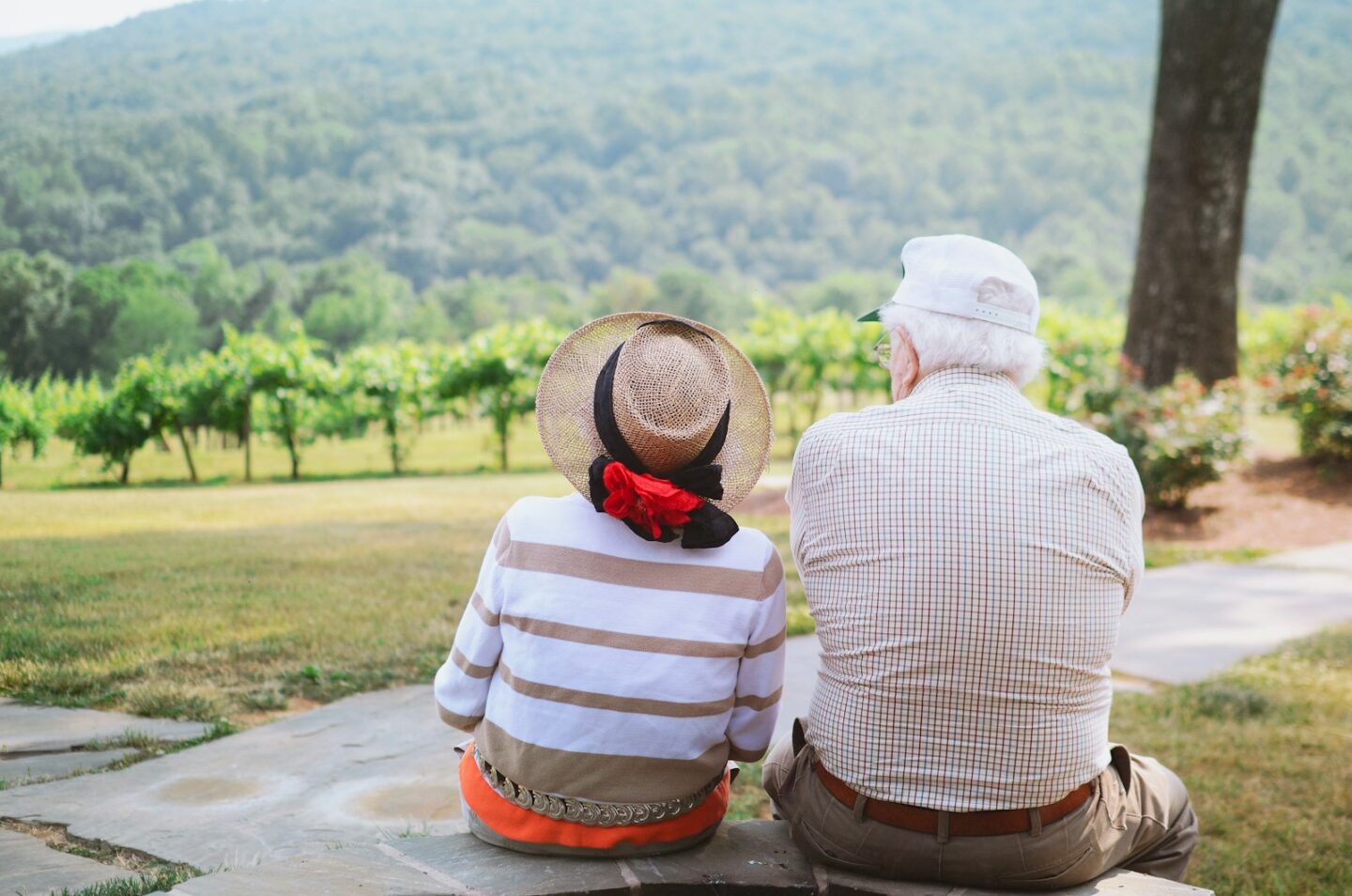 couple sitting on pathway looking at trees