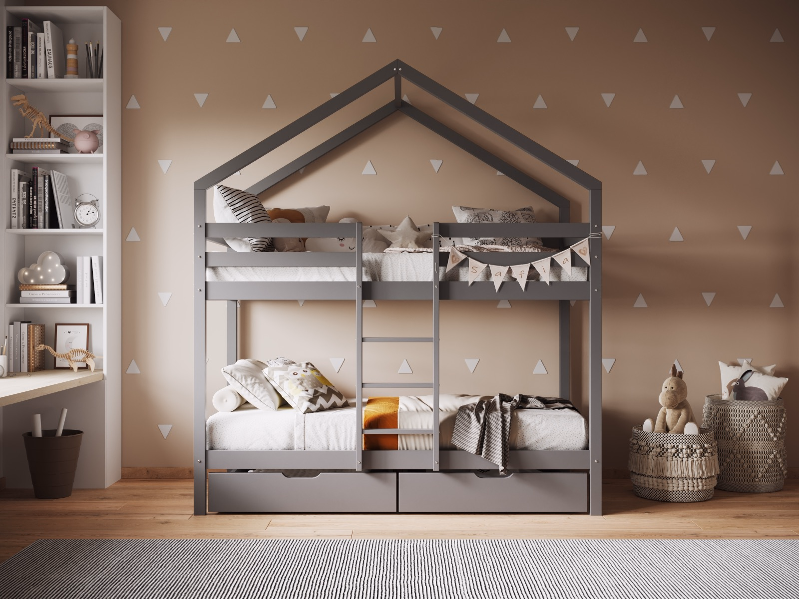 grey bunk bed in house shape in chid's bedroom