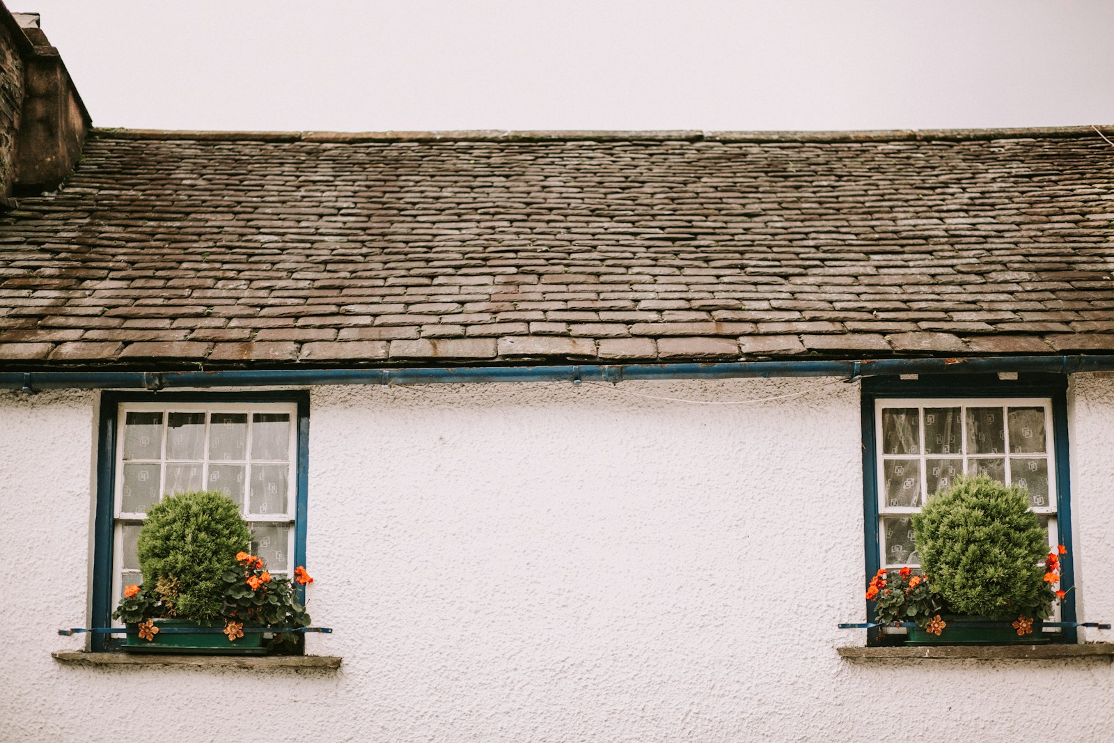 pale pink house with tiled roof and two windows with flowers on