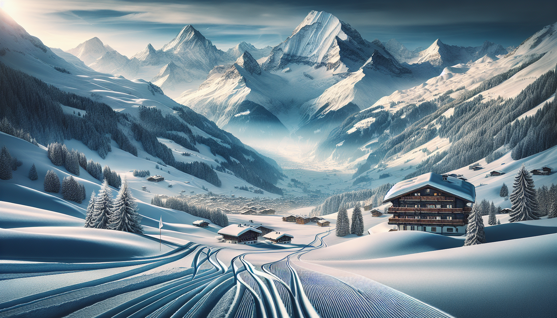 AI picture of snowy mountains and slopes for skiing with chalets in distance