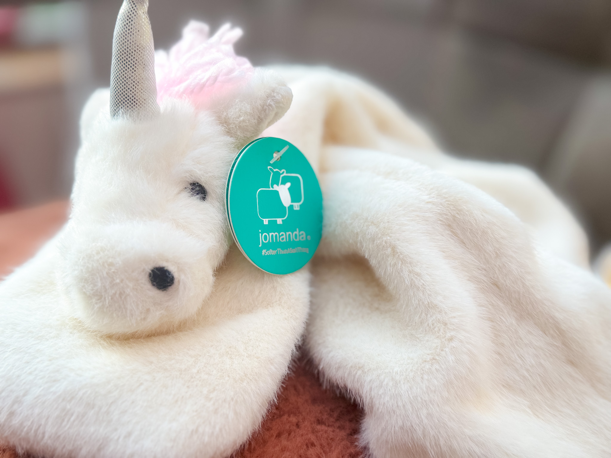 soft white unicorn scarf with sparkly horn and pink hair