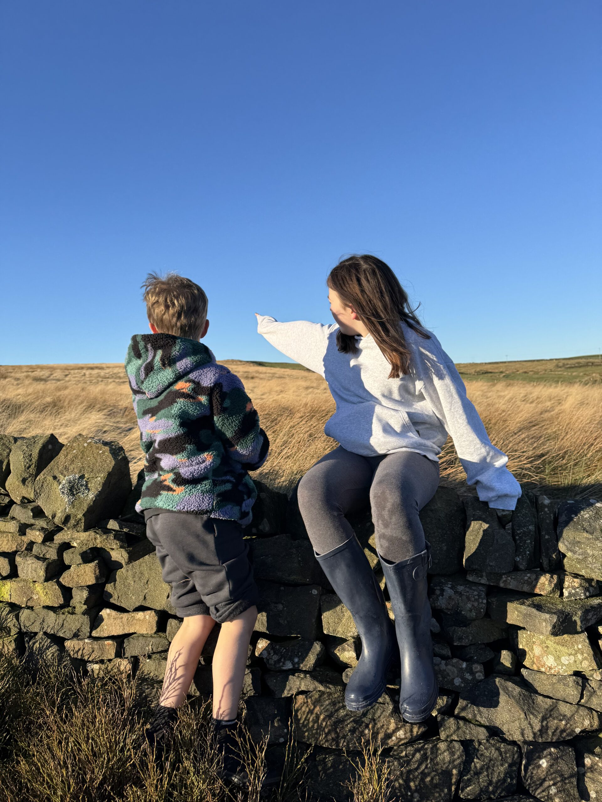 boy and girl facing away sitting on wall overlooking countryside with bright blue sky