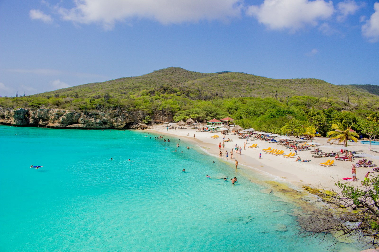 beach with greenery behind and bright blue waters during daytime and some people on the beach