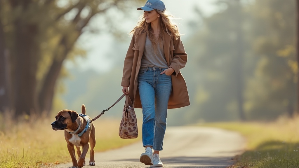 Stylish mum walking dog