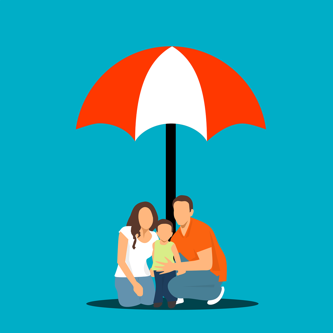 cartoon image of family undert an umbrella