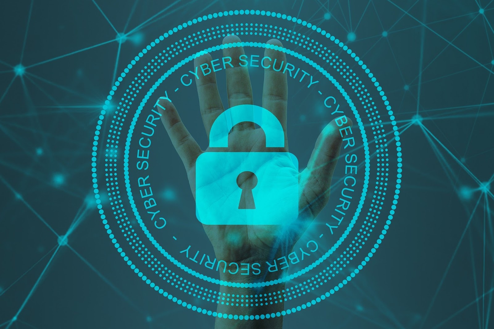 cyber security image with padlock, with hand behind it