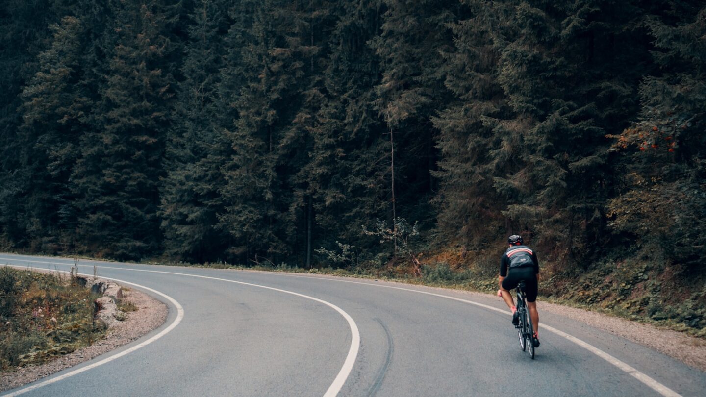 person on bike cycling along road next to trees
