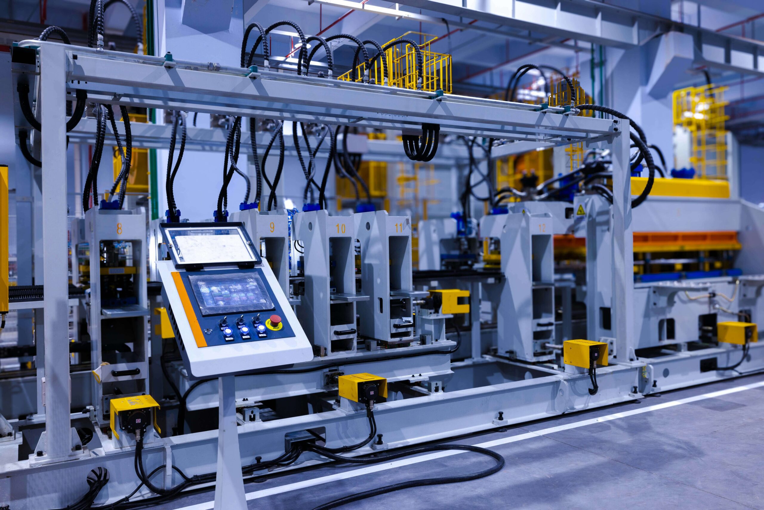 A view of the refrigerator manufacturing plant's fully automated side panel forming line