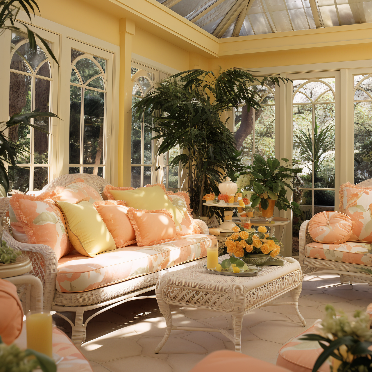 large conservatory with sofas with big cushions