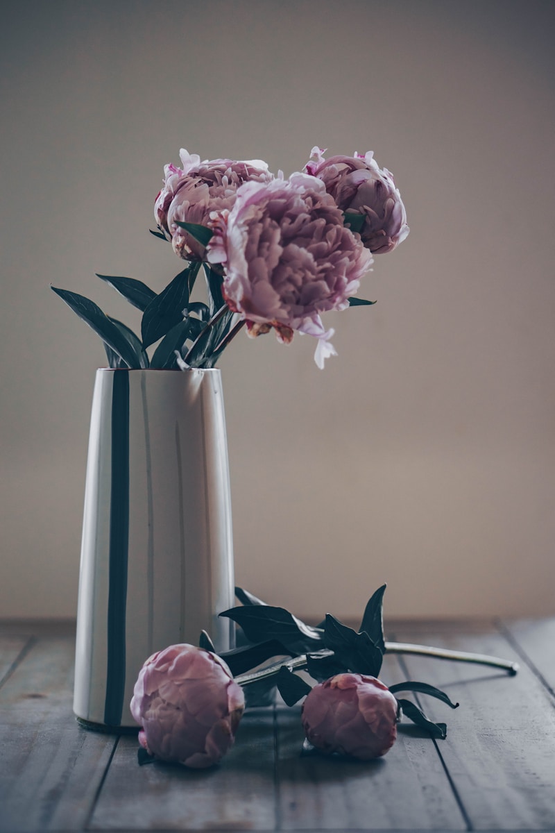 pink peonies in vase and on table