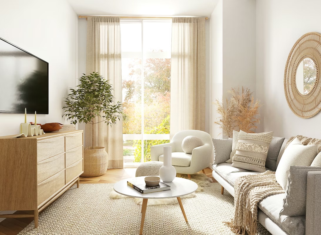 light, bright living room with open french doors
