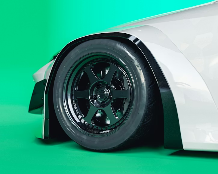 tyre on car on bright green background