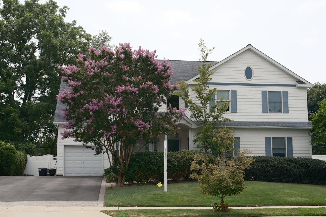 large white detached house with a lawn and trees in front of it