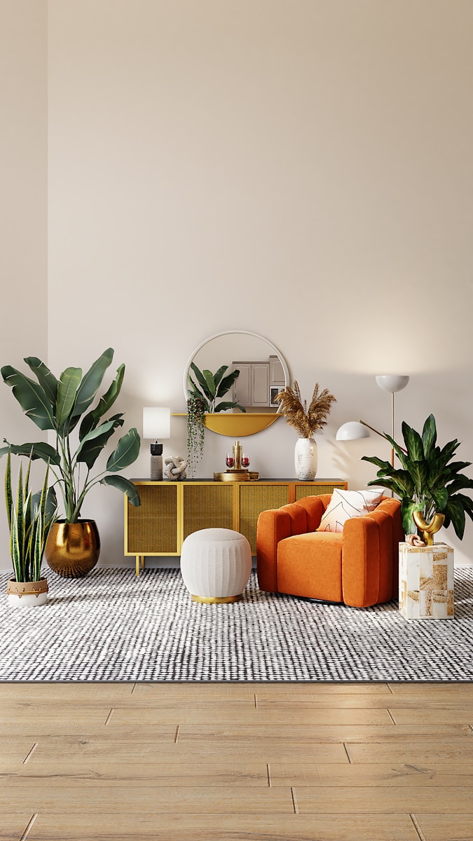 plants in pots around a yellow unit and orange chair in home