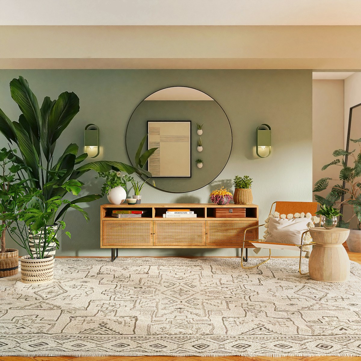 brown wooden unit with stools, plants and a round mirror on the wall