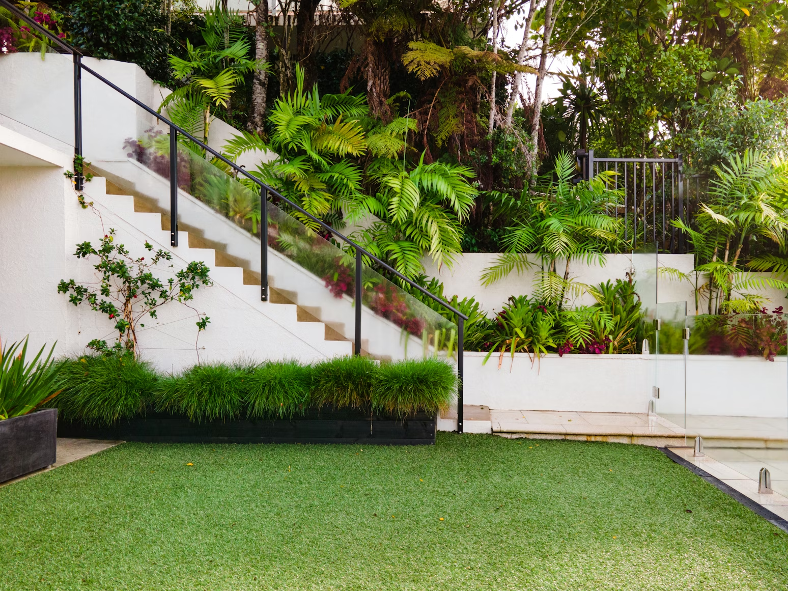 green garden with stairs going up and plants