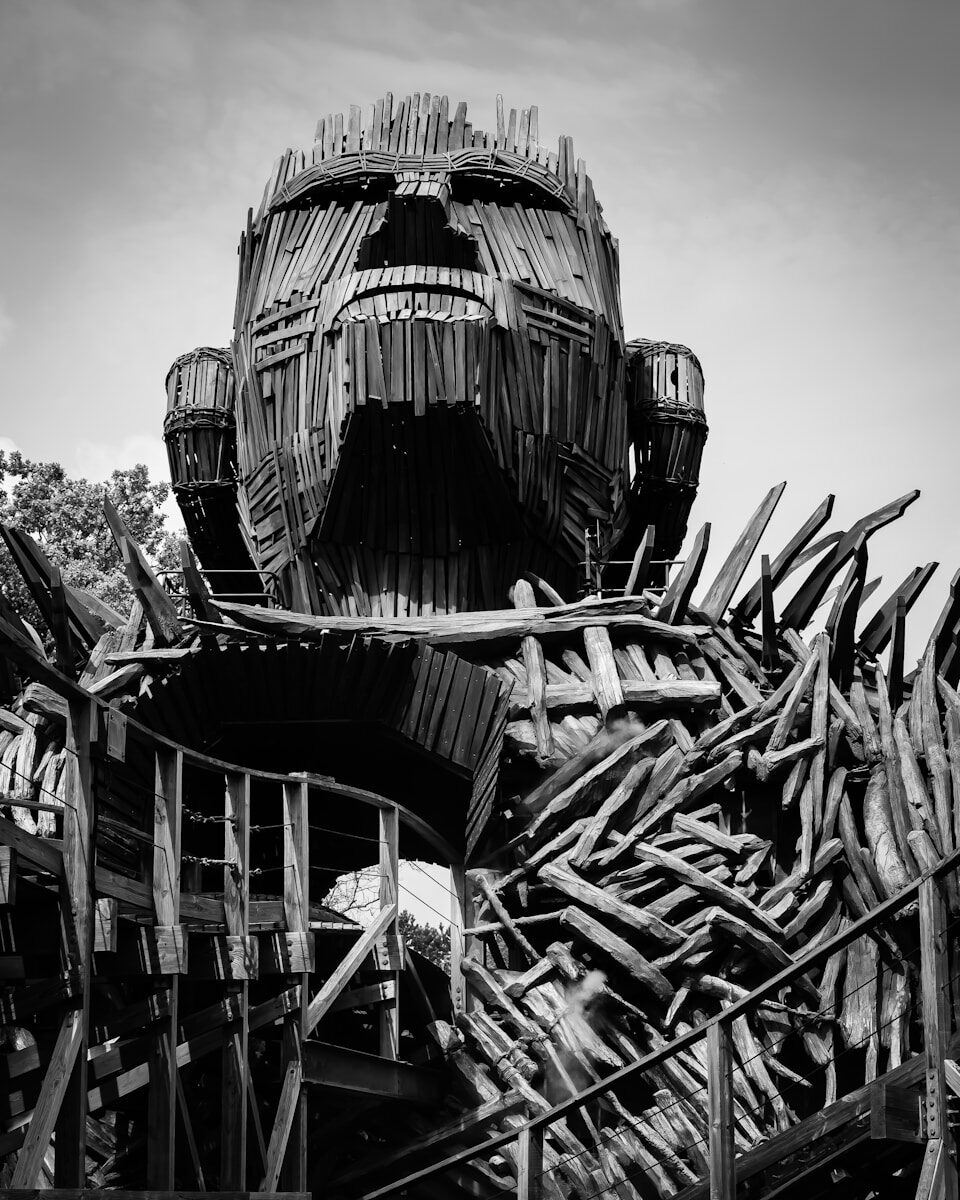 A black and white photo of a ride at Alton Towers