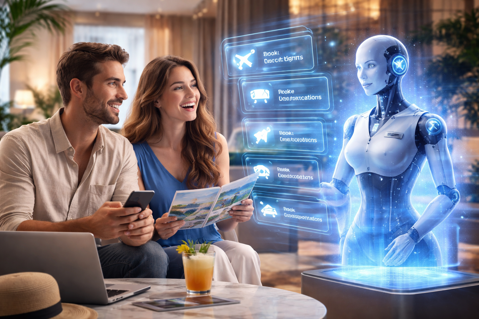 man and woman siting next to each other and smiling at a hologram of an AI assistant
