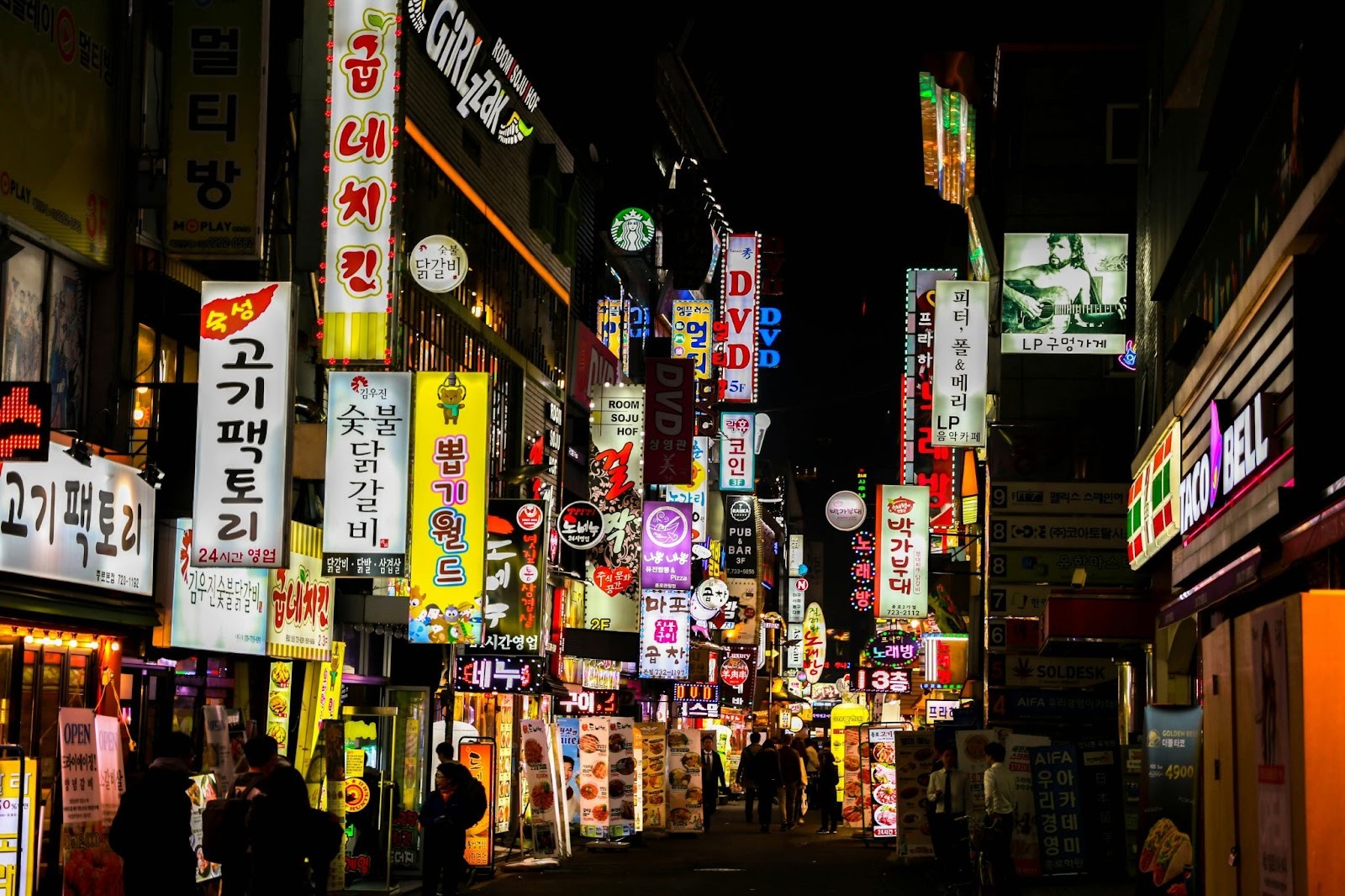 lots of bright lights on signs on street