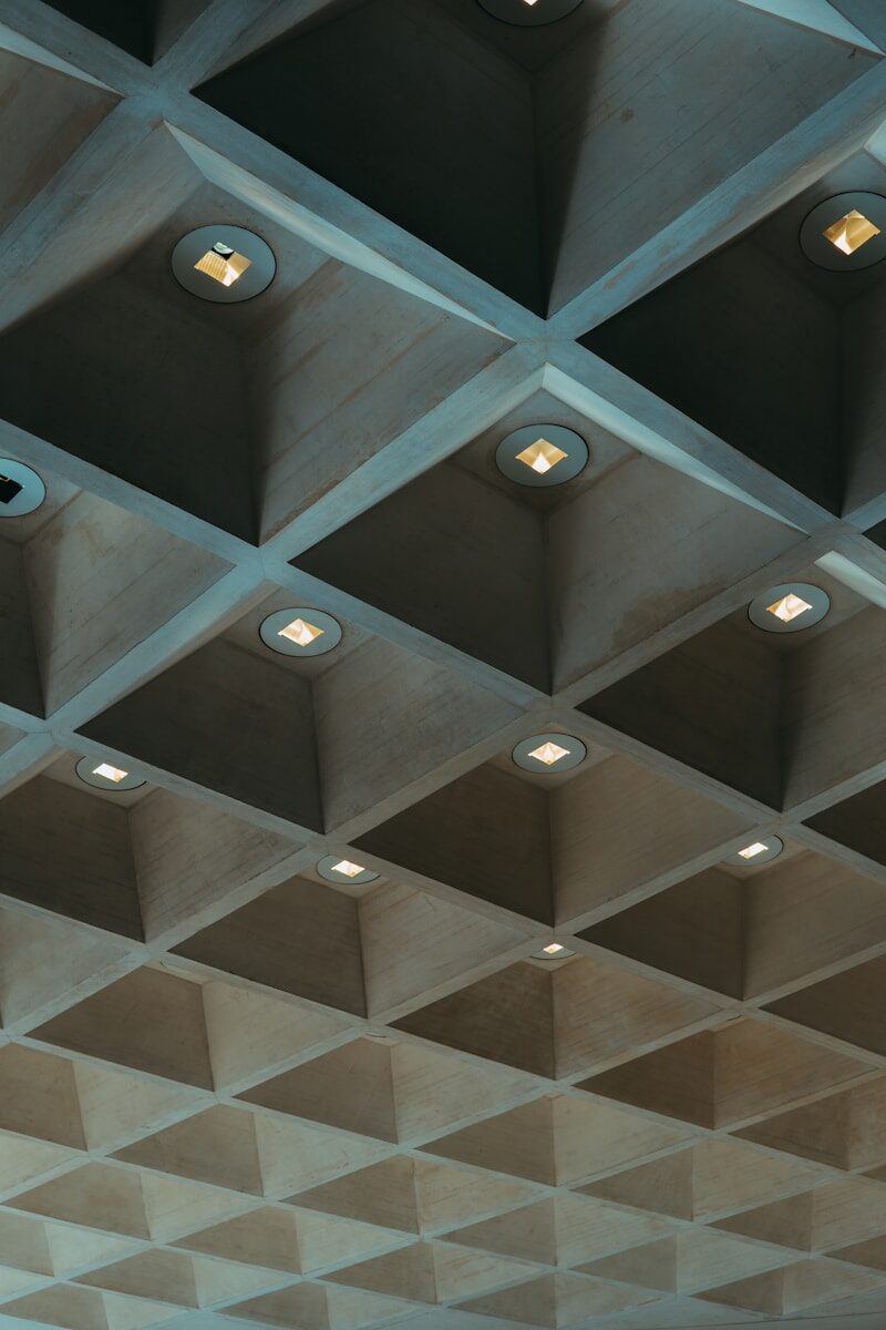 a waffle grid ceiling with lights