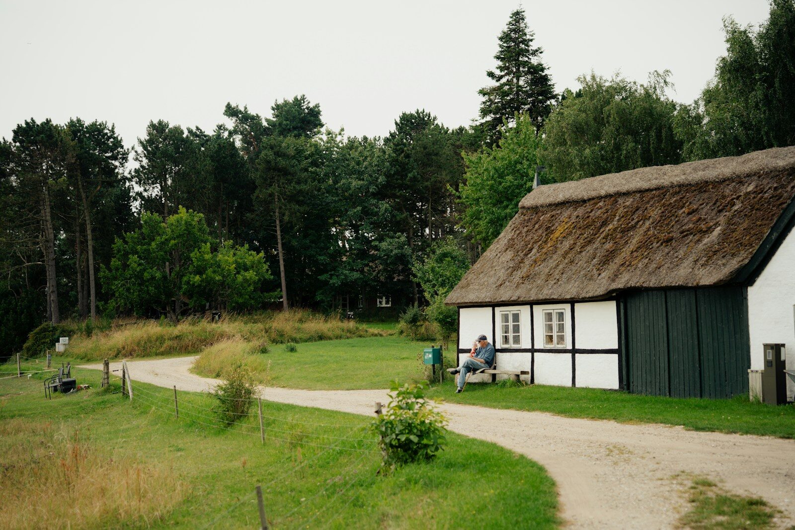 Thatched roof cottage with a person sitting outside.
