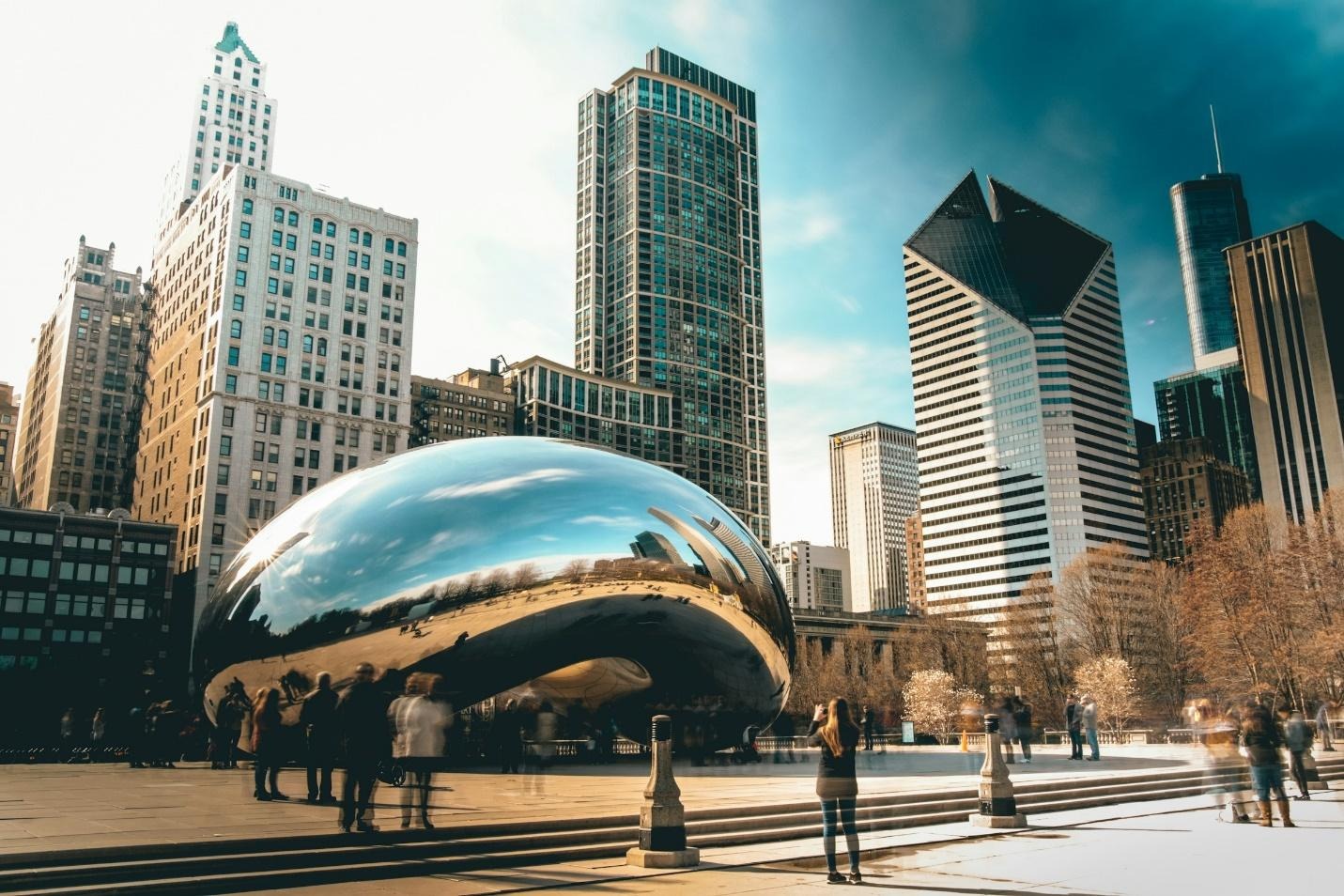 big metal ball and tall buildings in Chicago