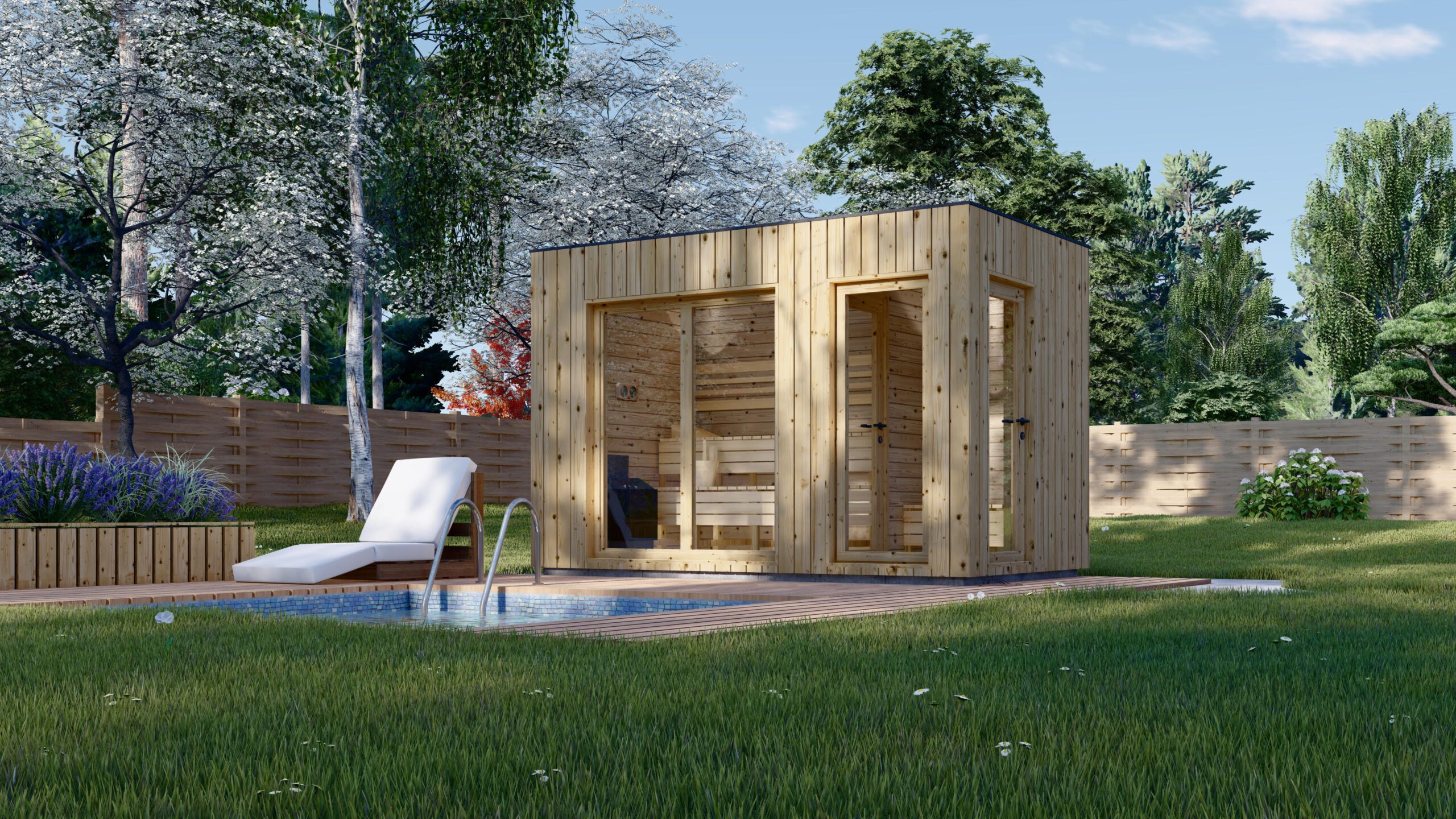 a wooden outdoor sauna next to a small pool on a grassed lawn in a garden