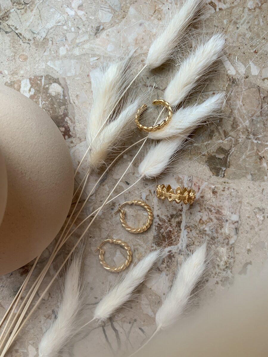 gold rings and earrings on flat surface with feathers next to them