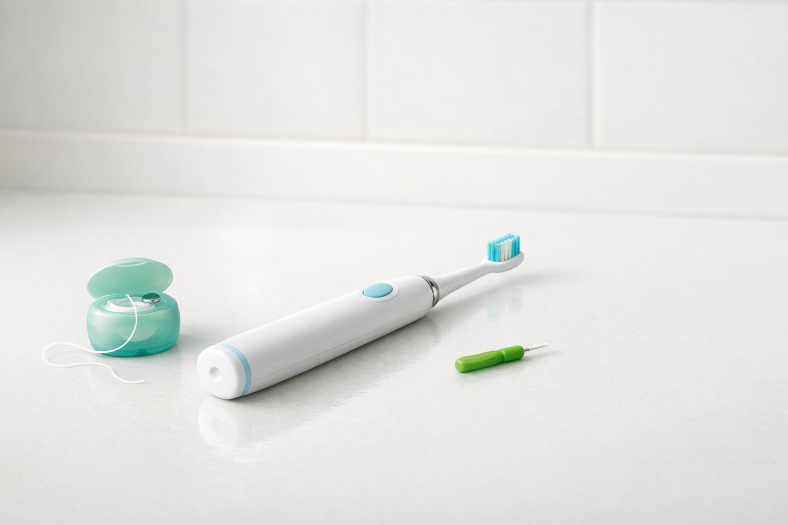 a toothbrush laying down next to floss on white surface