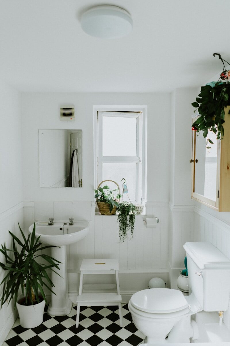 white bathroom with plants and a window