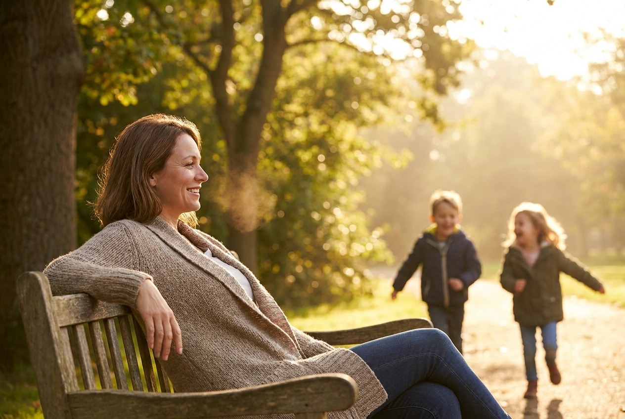 Woman relaxing on a bench, children running behind her