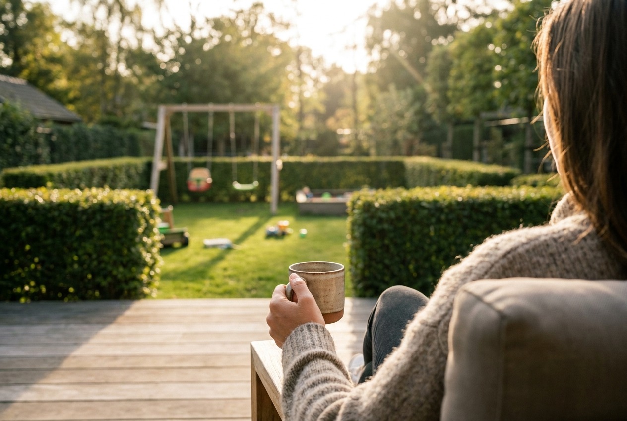 Person enjoys quiet morning in sunlit backyard with coffee