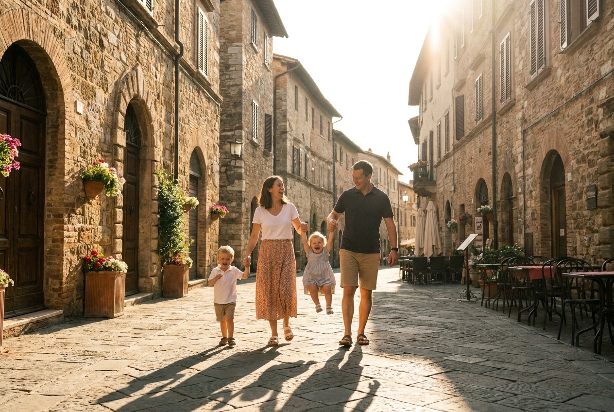 Family strolling joyfully down sunlit stone street