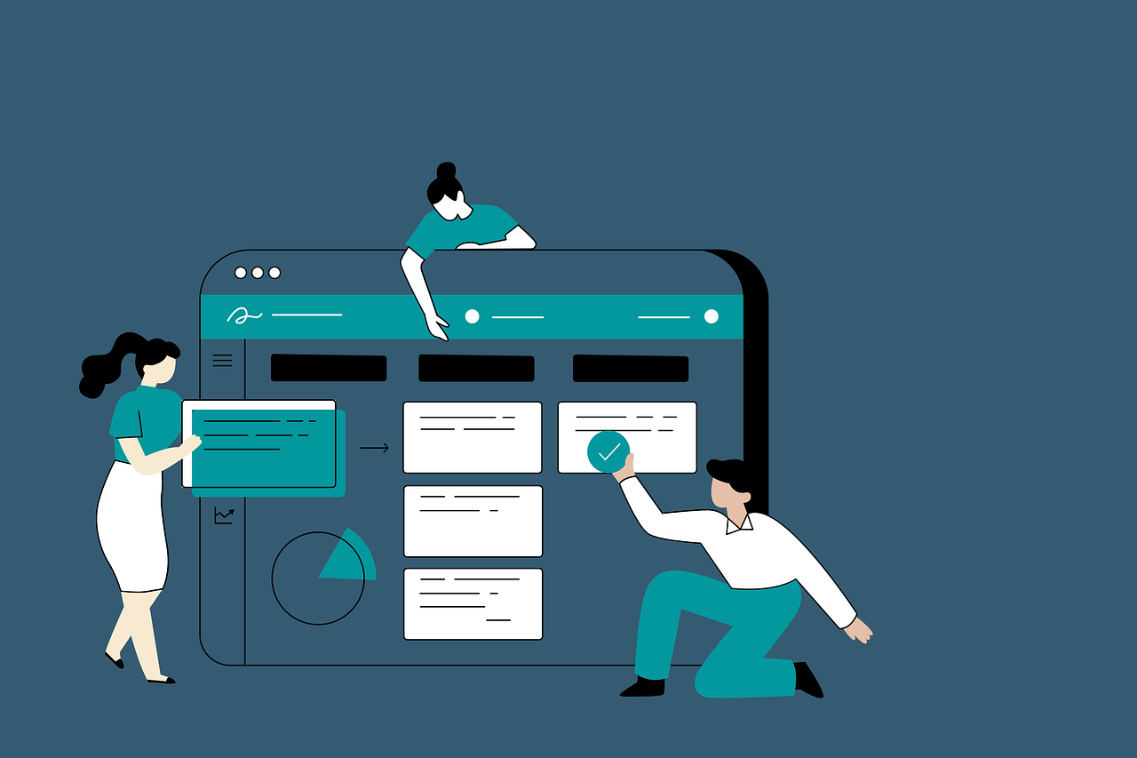 cartoon illustration of people around a large laptop