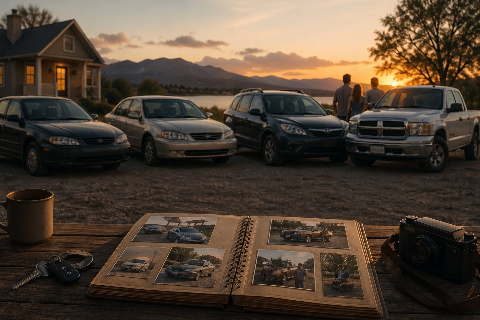 open photo album on table outside, with cars parked lined up in background