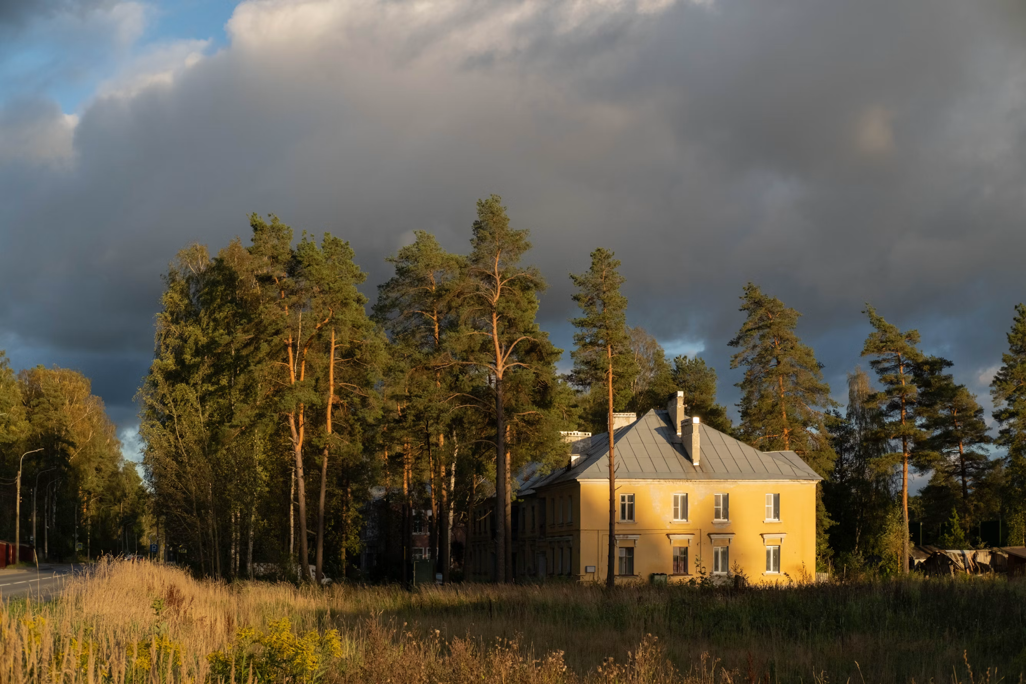 large house amongst trees with big grey storm cloud over it