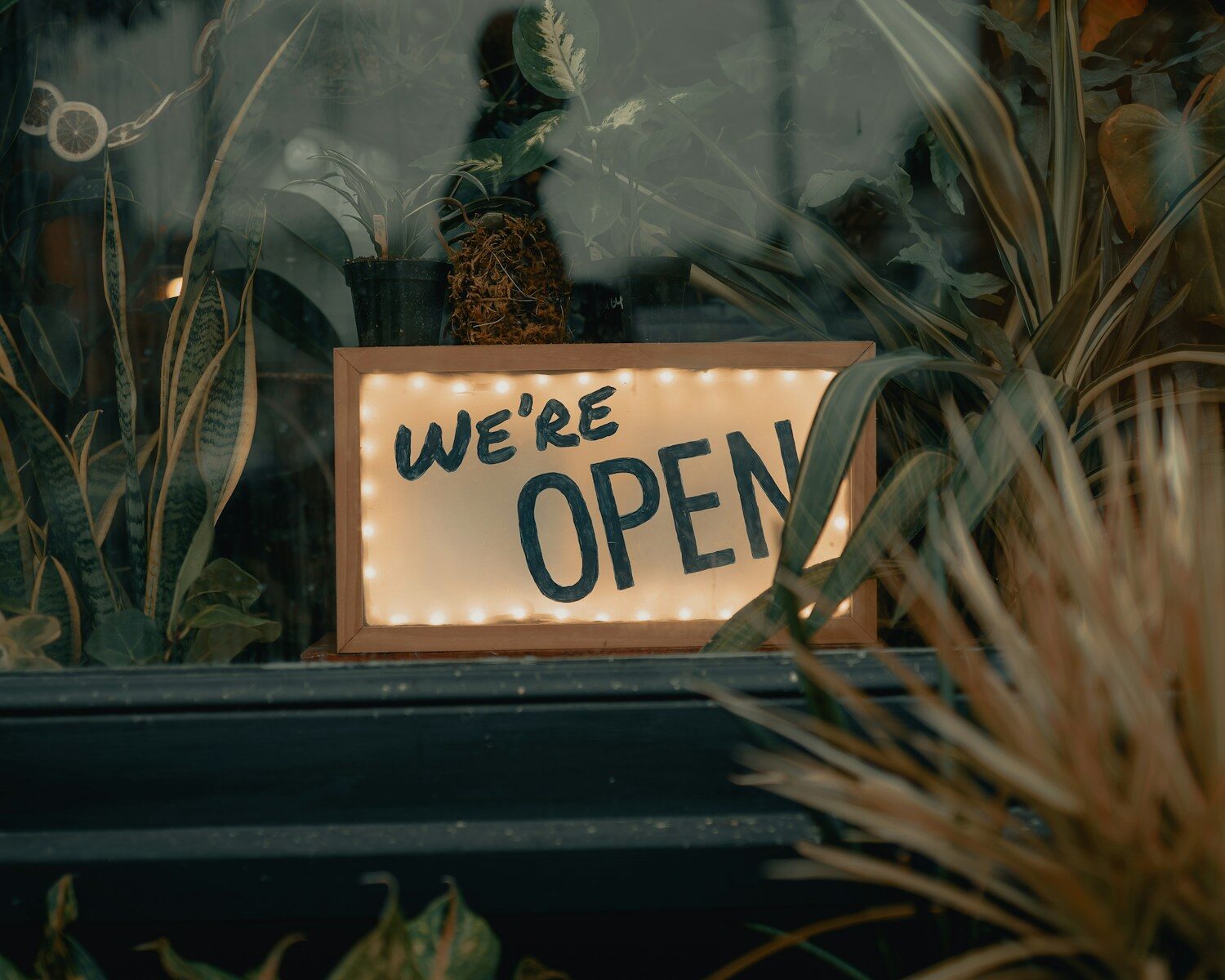 sign in window saying 'we're open'