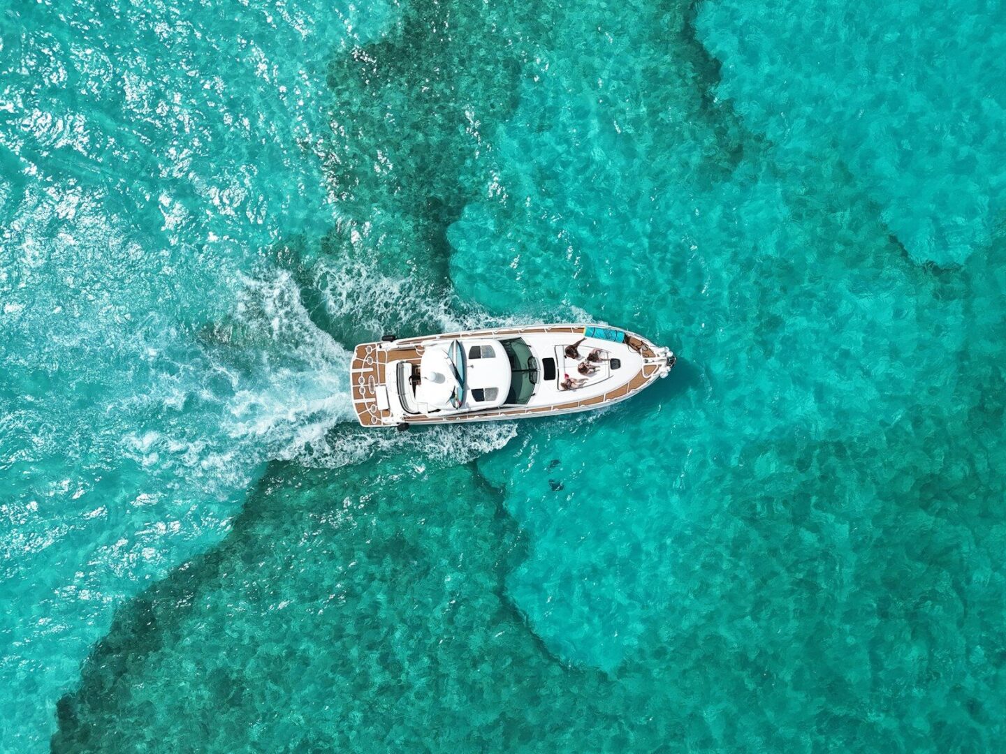 A boat speeds through crystal blue waters