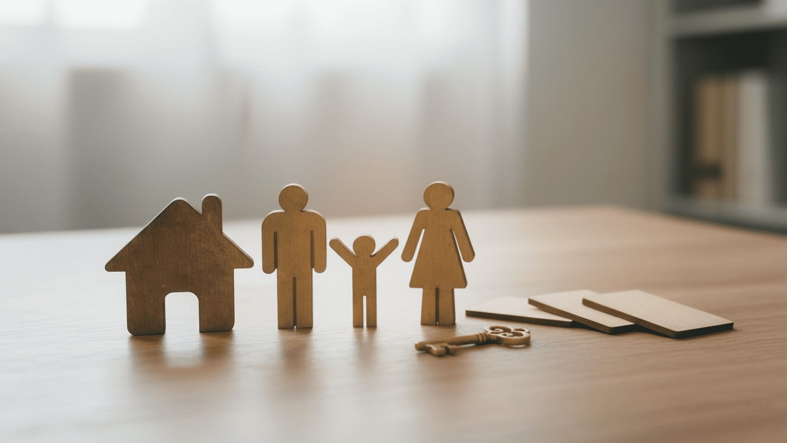 wooden cutouts of family and house standing on wooden table