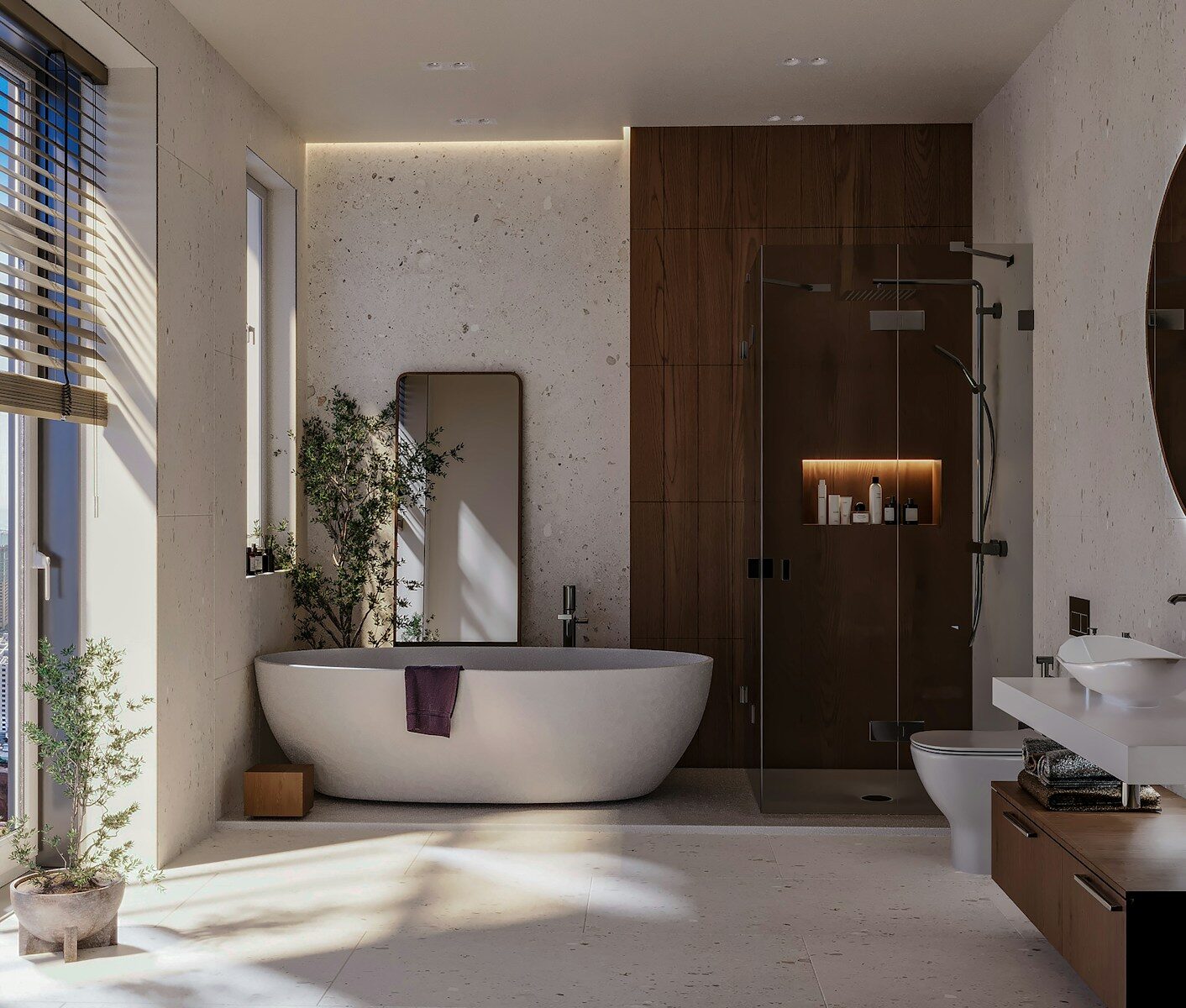 A modern bathroom with a bath, sink, and large window