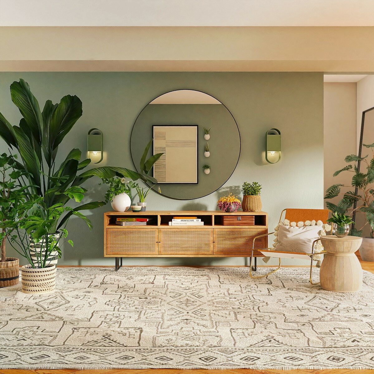 livving area with round mirror on wall, unit, and large plant